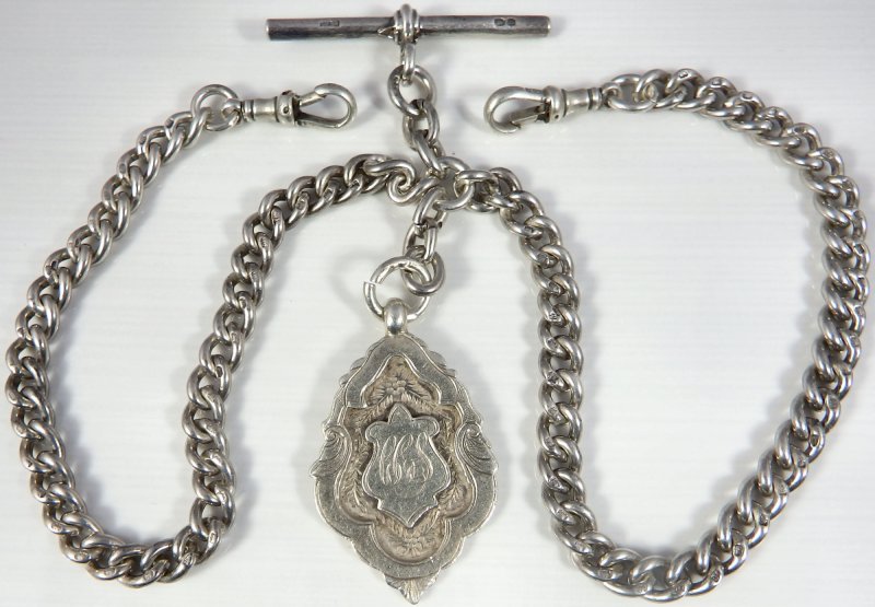 Antique silver double albert pocket watch guard chain with silver fob